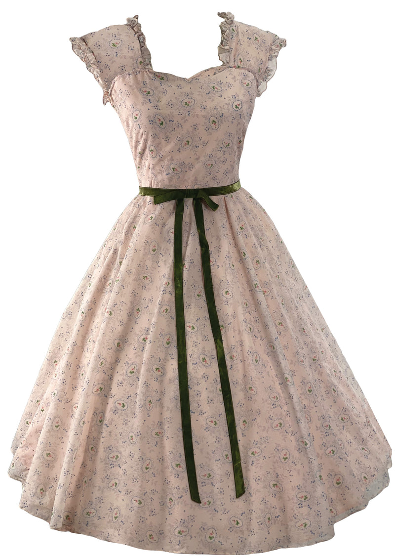 Charming Late 1950s Pink Floral Cameo Plissé Dress- NEW!