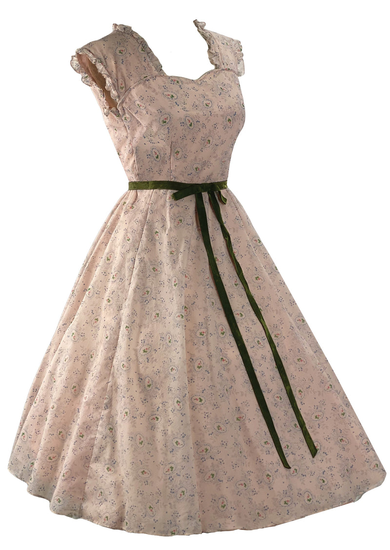 Charming Late 1950s Pink Floral Cameo Plissé Dress- NEW!