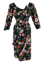 Late 1950s Black Floral Draped Wiggle Dress - NEW!