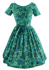 Late 1950s Blue Green Floral Impressionist Print Day Dress- NEW!