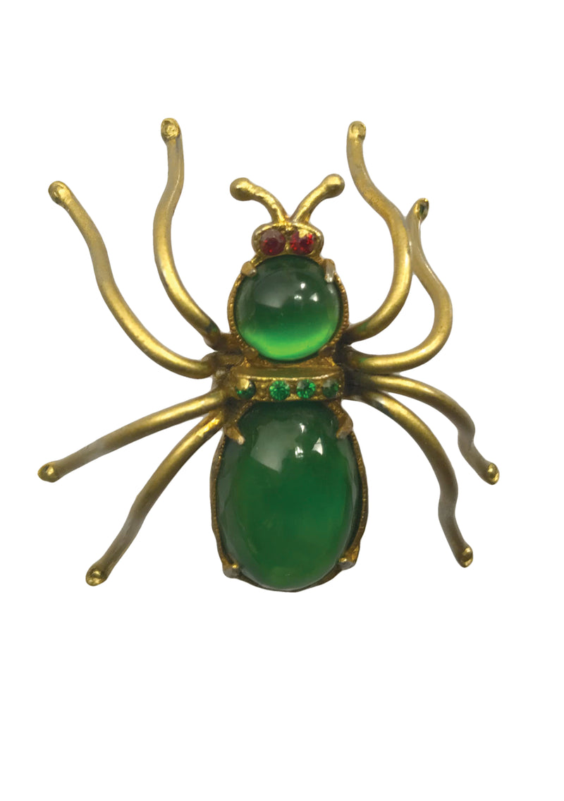 Vintage Czech Green Glass Spider Brooch Gilt Metal 