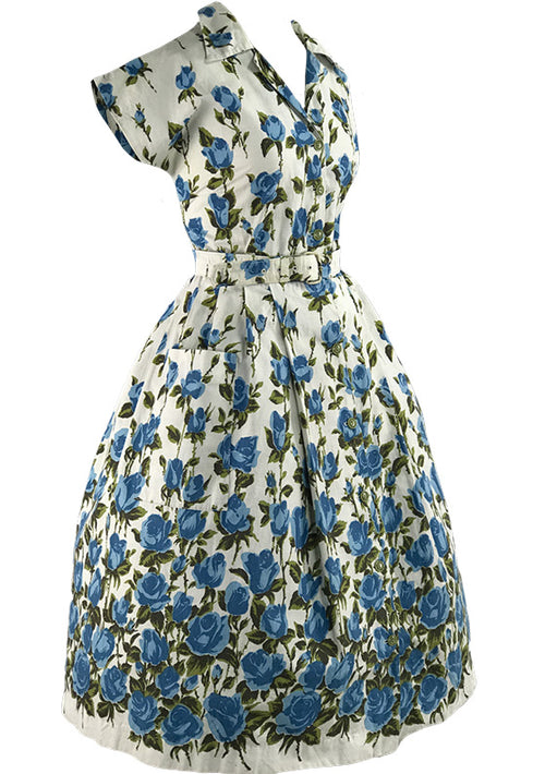 Vintage 1950s Blue Roses Border Print Cotton- New!