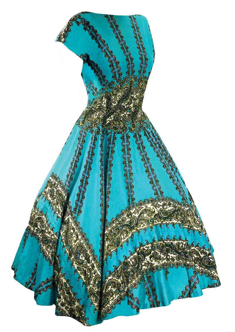Vintage 80s Turquoise Paisley Dress - L