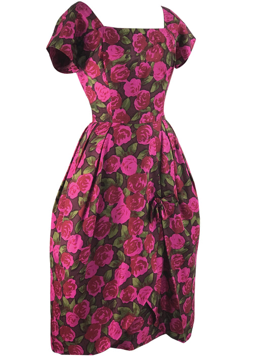 Vintage Designer 1950s Magenta Silk Roses Dress- New! (RESERVED)