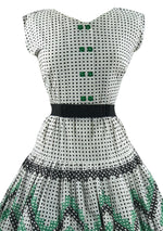 Vintage 1950s Green & Black Geometric Novelty Print Dress- New!