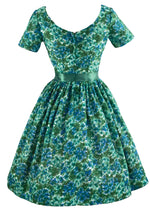 Late 1950s Blue Green Floral Impressionist Print Day Dress- NEW!