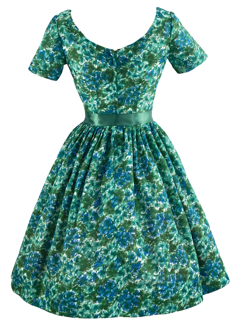 Late 1950s Blue Green Floral Impressionist Print Day Dress- NEW!