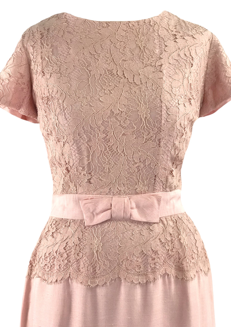 Vintage 1950s Pink Linen Blend Dress with Lace Inserts  - New!