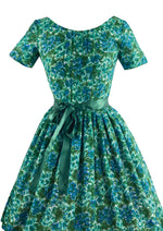 Late 1950s Blue Green Floral Impressionist Print Day Dress- NEW!