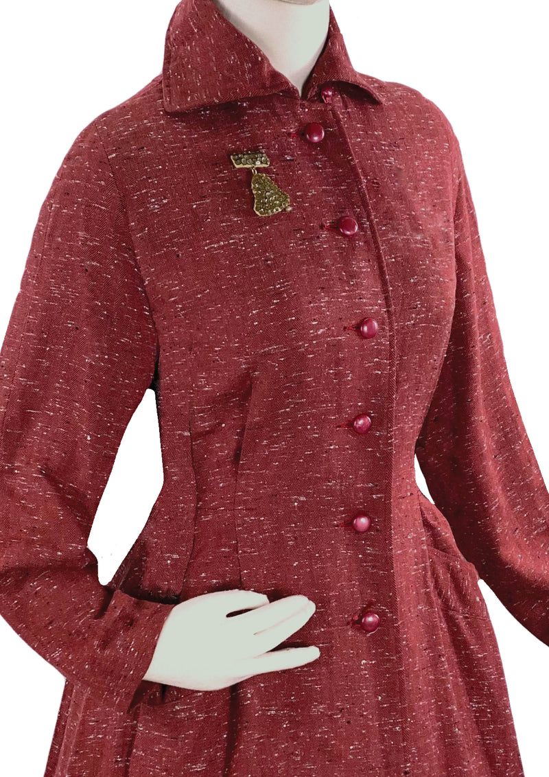 Stylish 1940s Cranberry Red Flecked  Princess Coat - New!