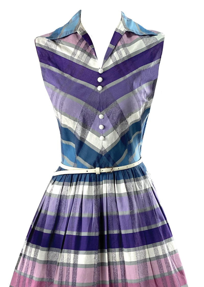 Vintage 1950s Purple, Blue & Pink Plaid Cotton Dress- NEW!