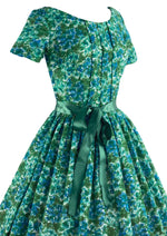 Late 1950s Blue Green Floral Impressionist Print Day Dress- NEW!