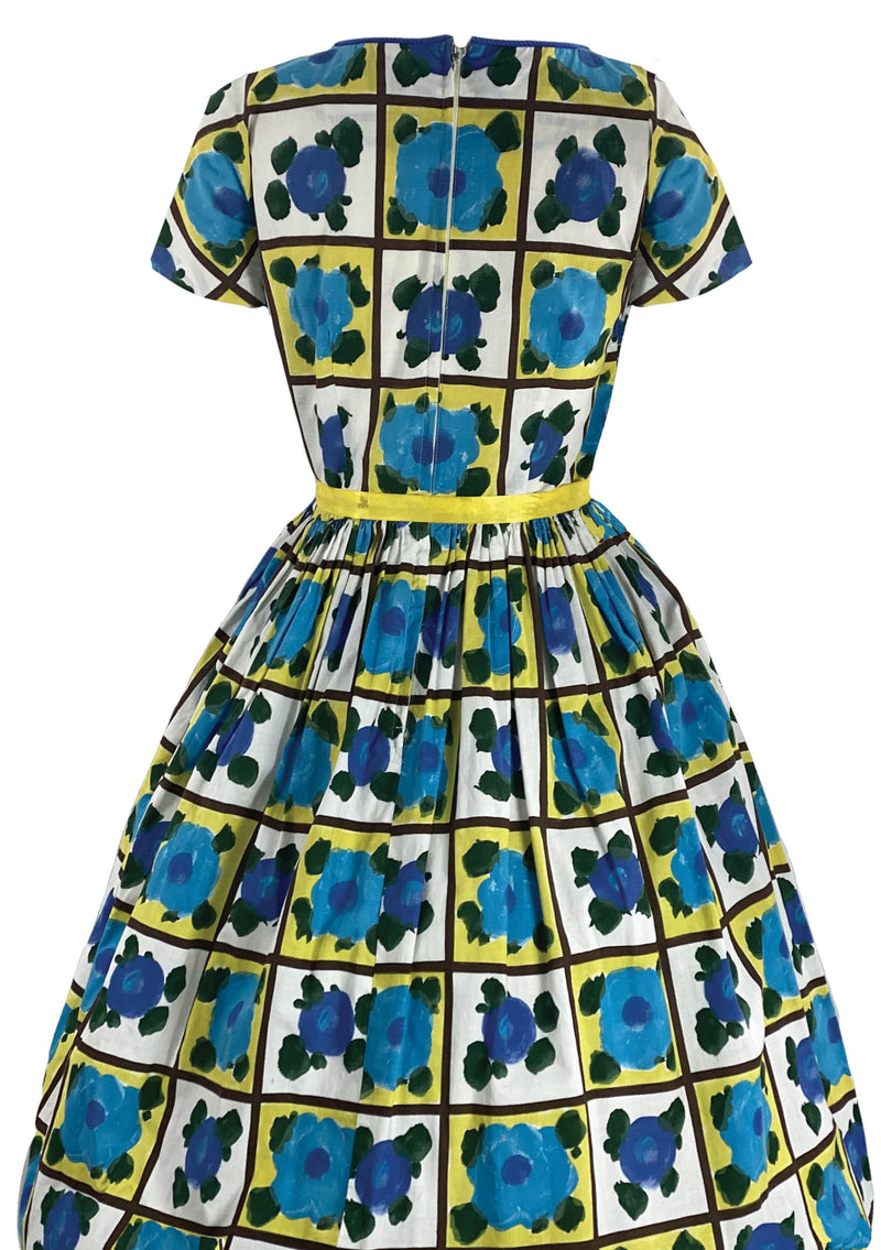 Late 1950s Early 1960s Blue and Yellow Floral Dress- New!