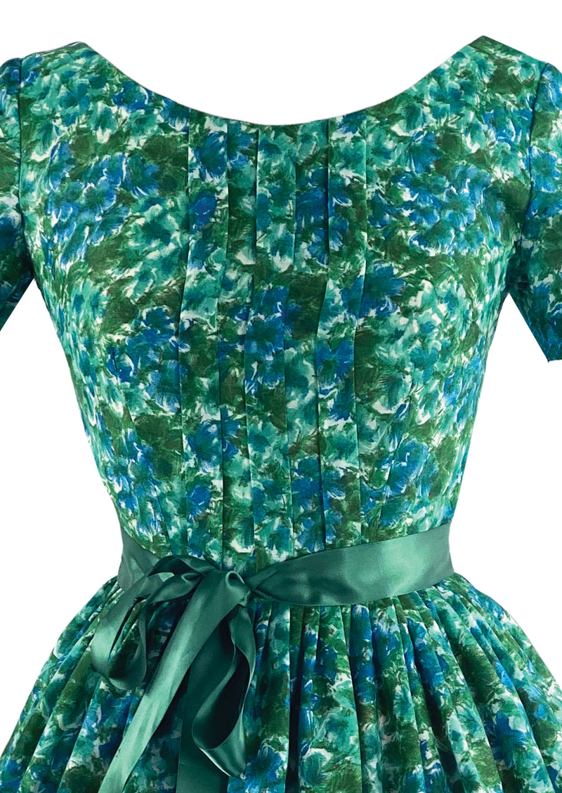 Late 1950s Blue Green Floral Impressionist Print Day Dress- NEW!