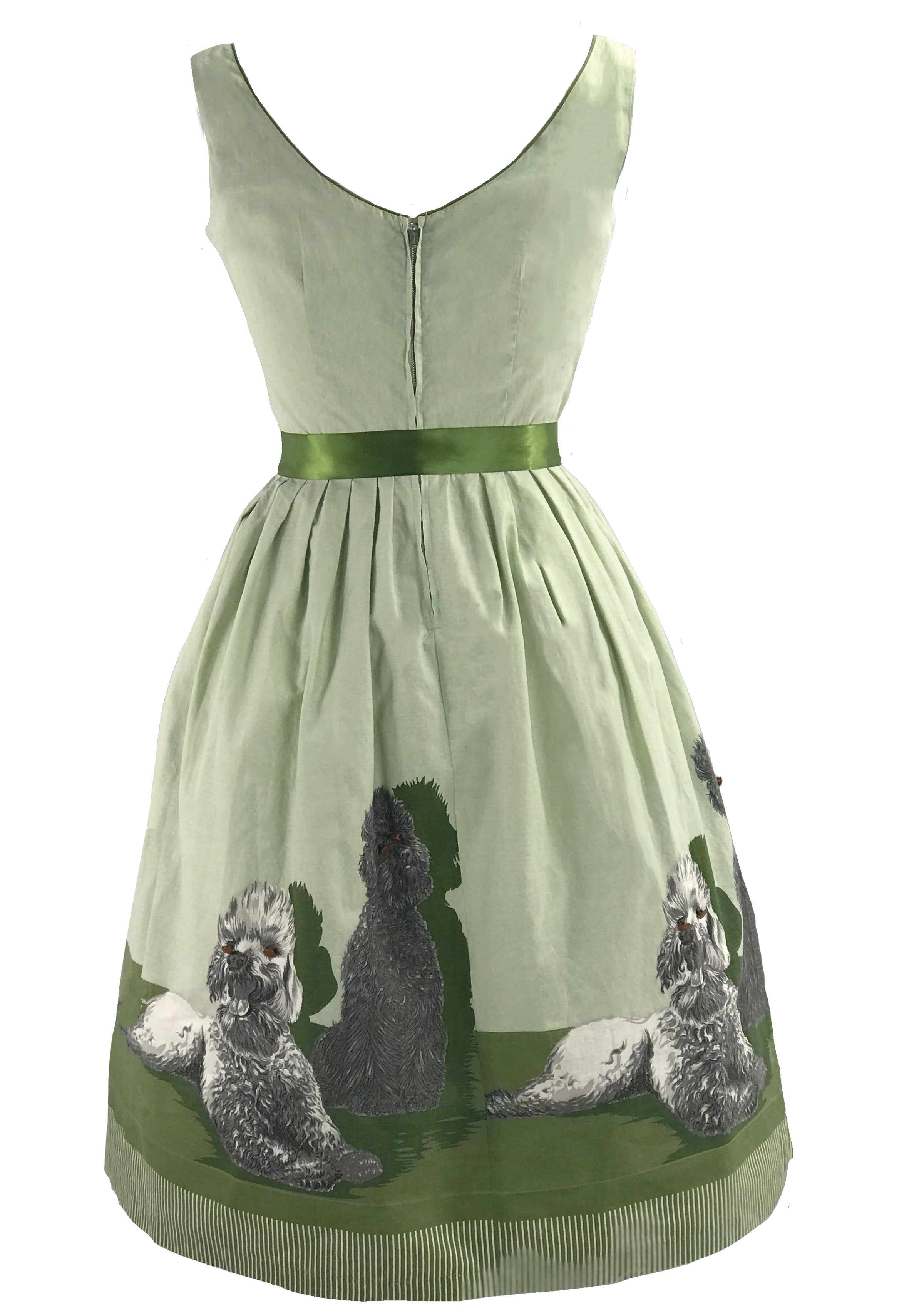 Rare 1950s Poodle Print Sage Green Cotton Novelty Dress- New