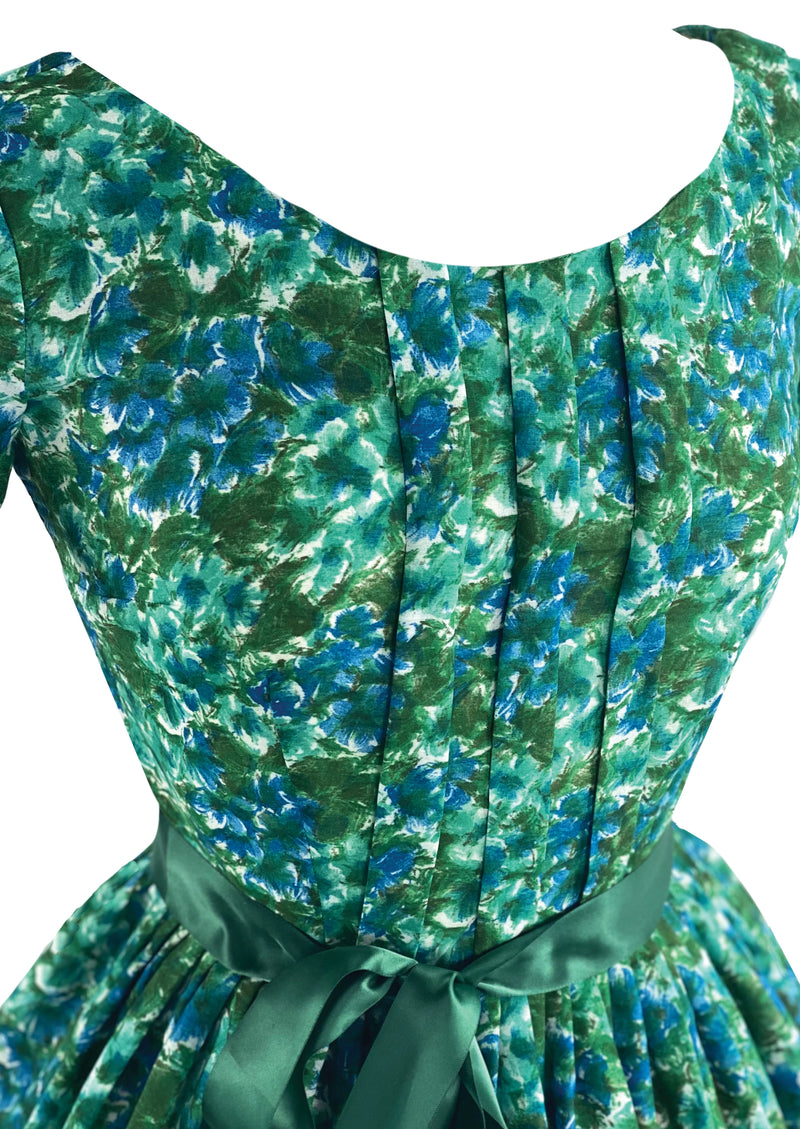 Late 1950s Blue Green Floral Impressionist Print Day Dress- NEW!