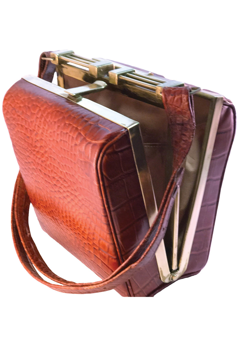 Alligator-stamped brown leather handbag 1940s purse